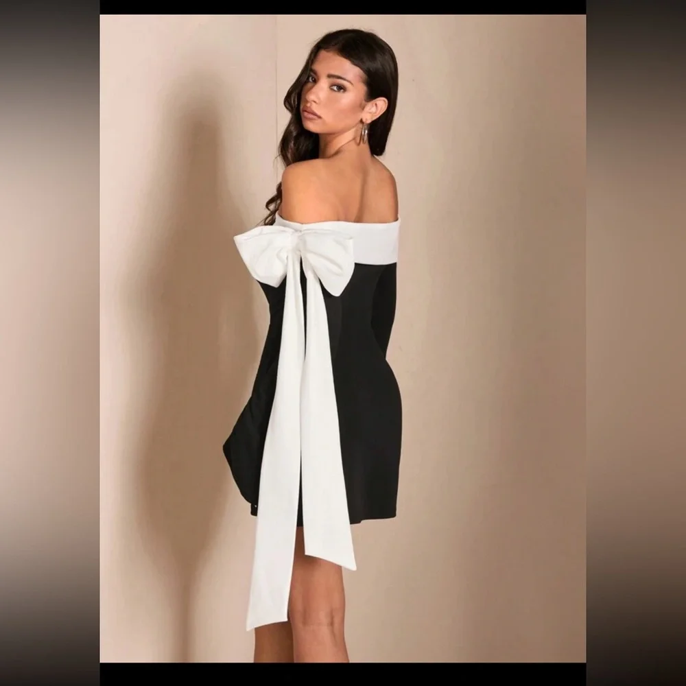 Black & White Bowknot Off-Shoulder Long Sleeve Mini Dress Size Medium NWT - Picture 6 of 10